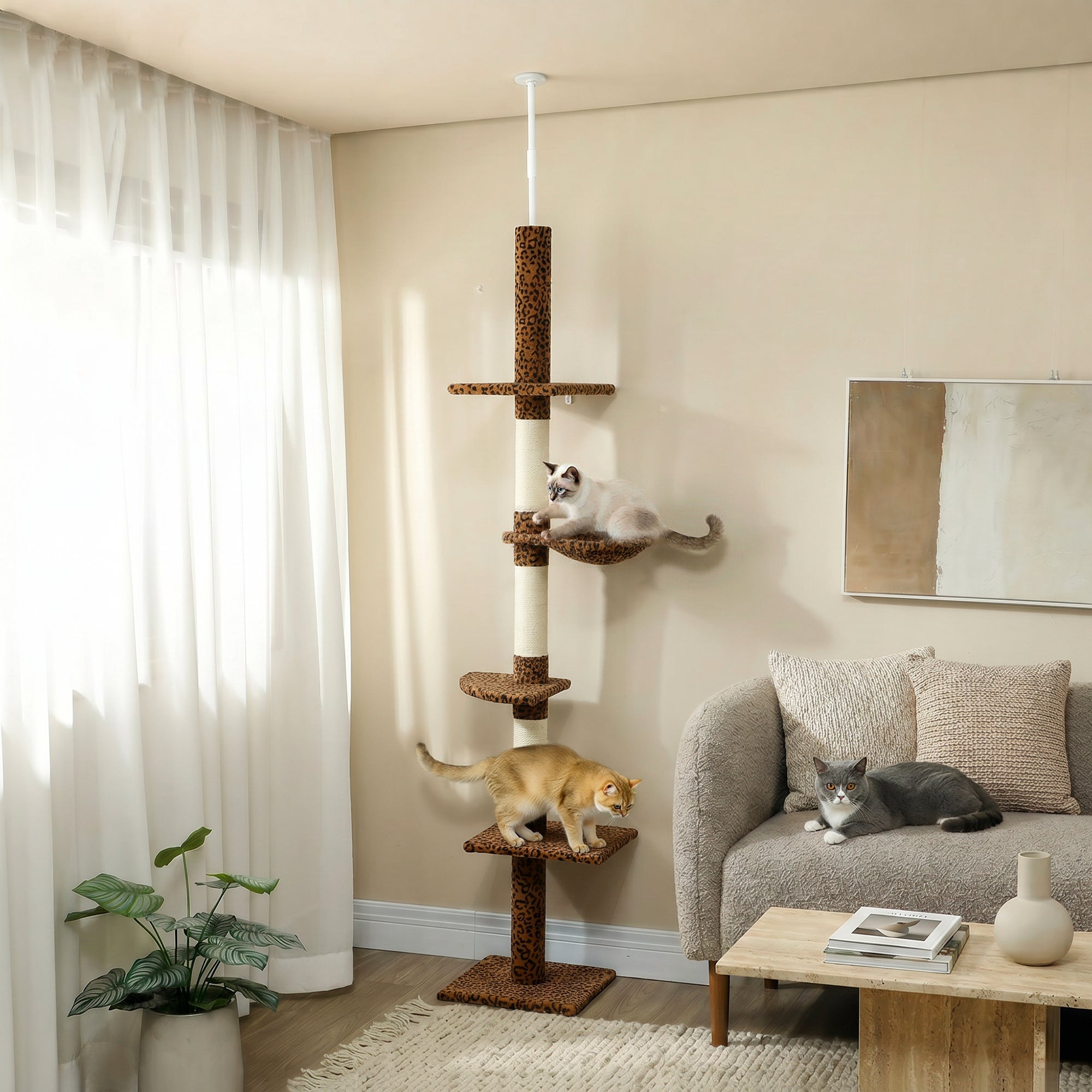 pawhut-arbre-chat-sol-plafond-230-260-cm-5-niveaux-imprim-l-opard image 3