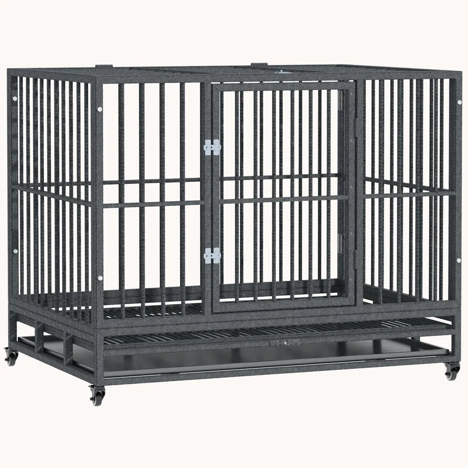 pawhut-cage-chien-robuste-43-roulettes-verrouillables-double-porte-gris image 1