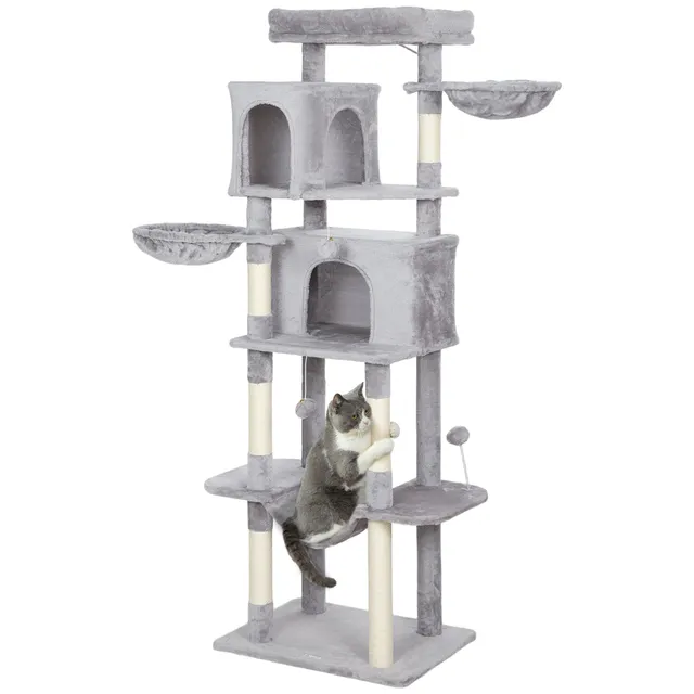 pawhut-arbre-chat-175-cm-avec-2-niches-3-hamacs-gris-clair image 1