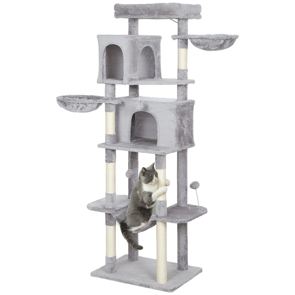 pawhut-arbre-chat-175-cm-avec-2-niches-3-hamacs-gris-clair image 1