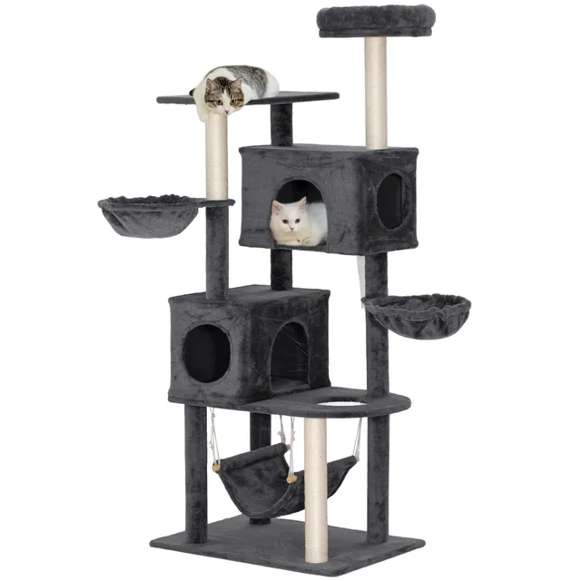 pawhut-arbre-chat-168-cm-2-niches-3-hamacs-avec-nid-sup-rieur-gris-fonc image 1