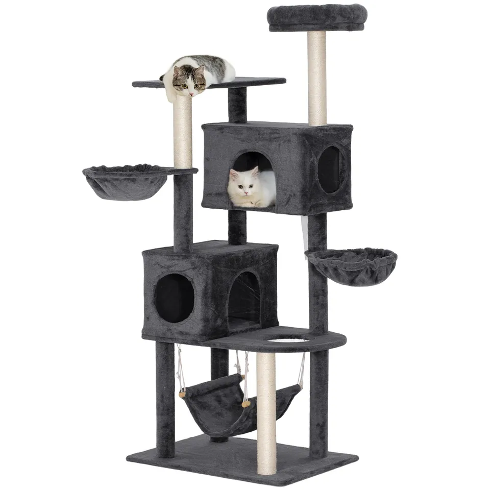pawhut-arbre-chat-168-cm-2-niches-3-hamacs-avec-nid-sup-rieur-gris-fonc image 1