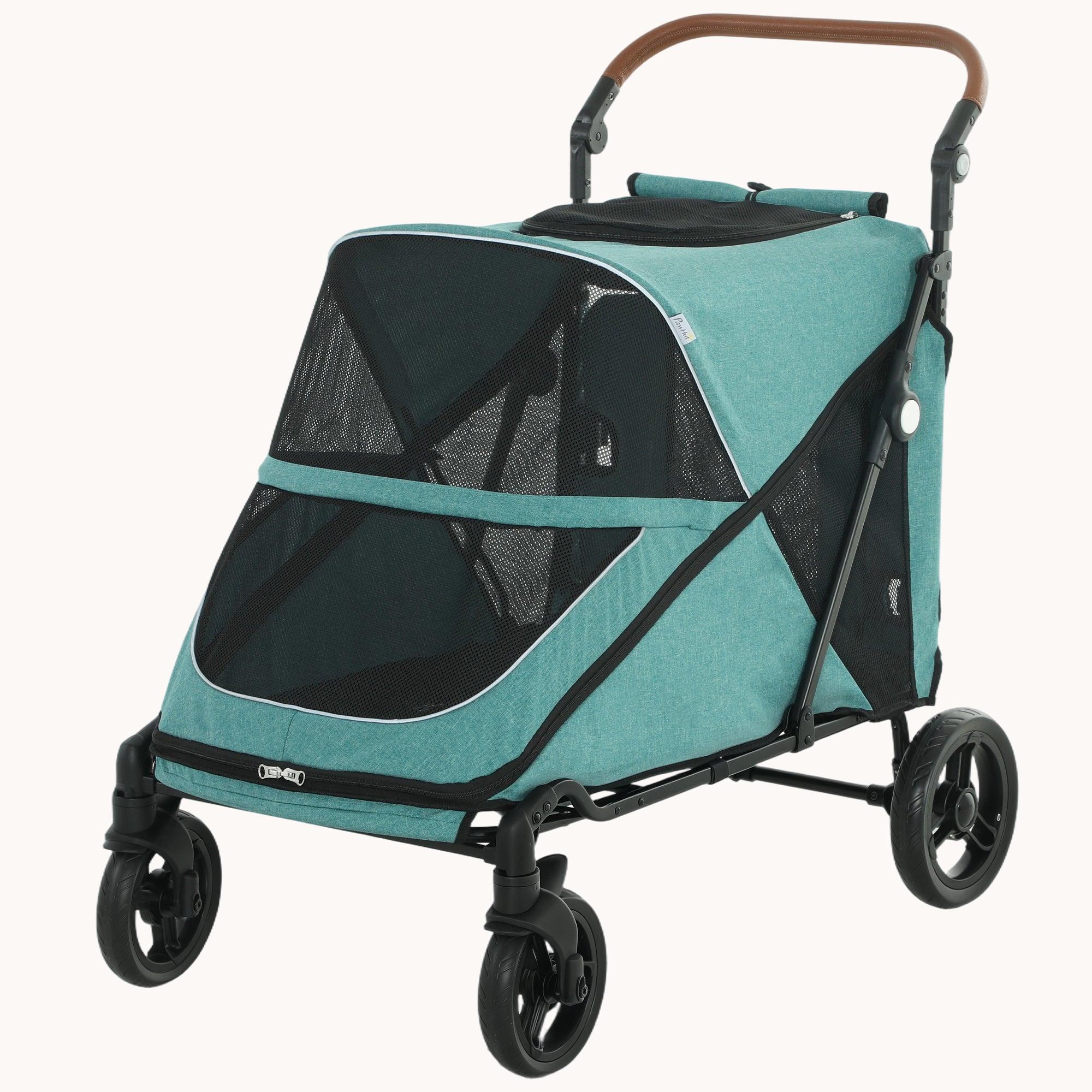 pawhut-poussette-pour-grand-chien-pliage-one-click-poign-e-r-glable-bleu image 2