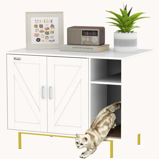 meuble-liti-re-chat-cach-e-pawhut-avec-griffoir-et-rangement-80x51x61-cm-blanc image 1