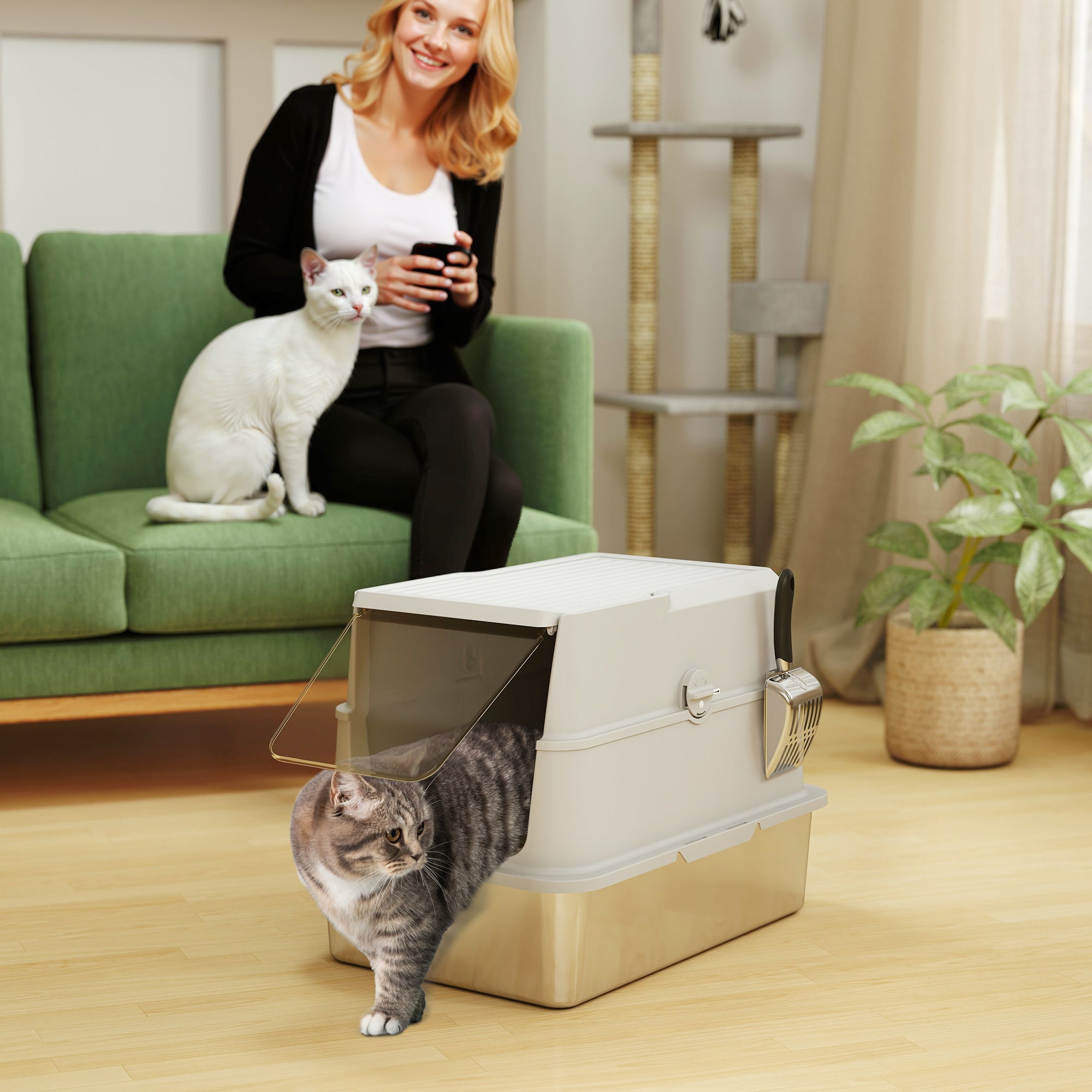 pawhut-bac-liti-re-ferm-xl-inox-avec-couvercle-et-pelle-gris-clair image 4