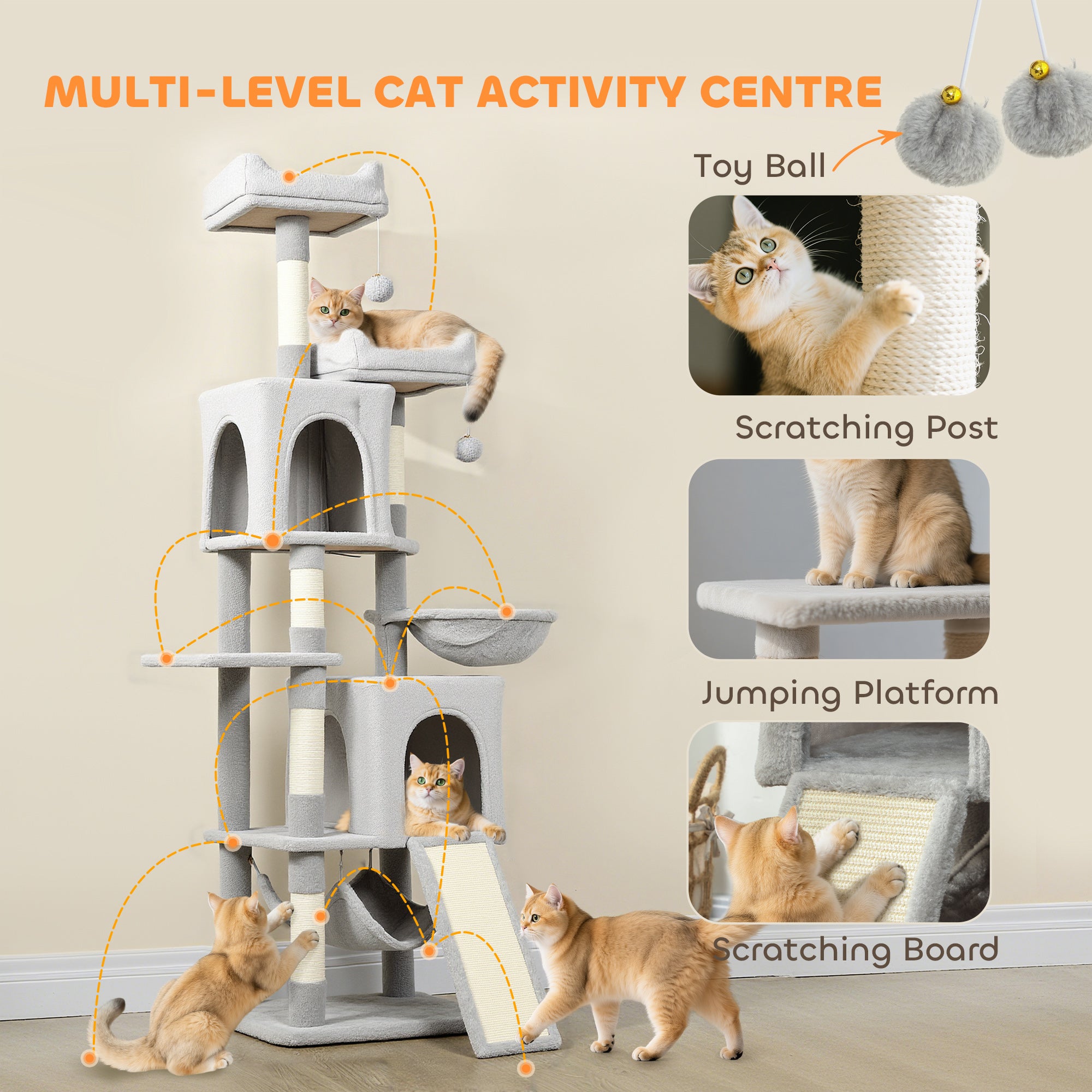pawhut-arbre-chat-177-cm-2-niches-2-perchoirs-hamac-gris-clair image 6