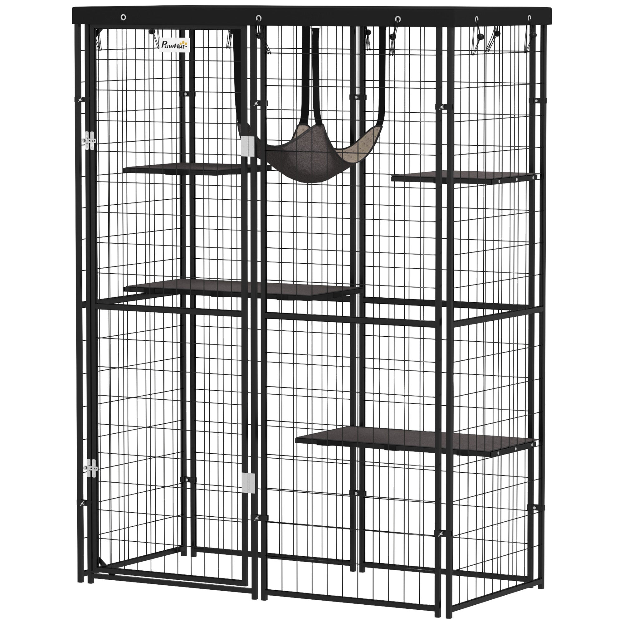 pawhut-catio-ext-rieur-m-tal-noir-avec-4-plateformes-hamac-et-b-che image 2