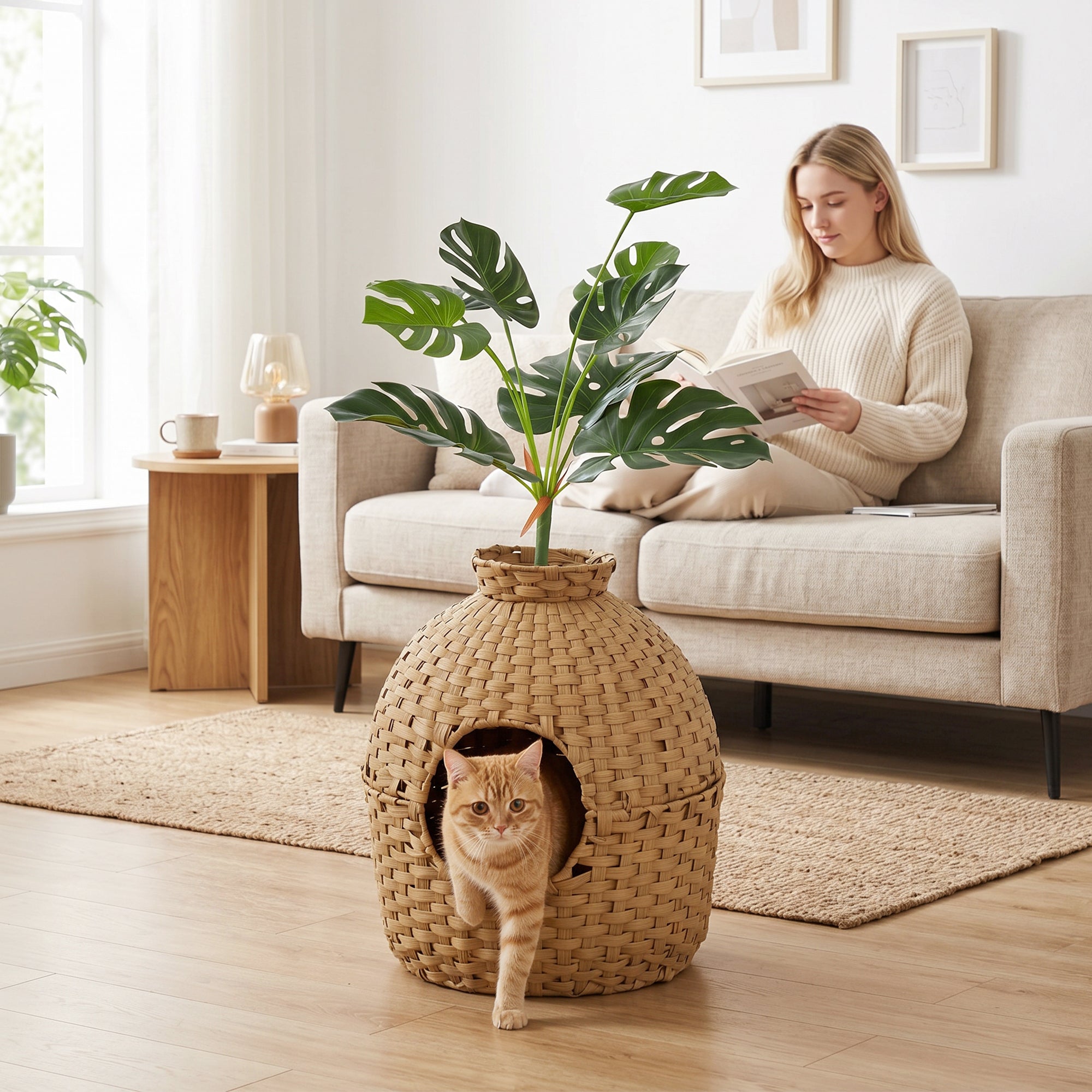 pawhut-meuble-liti-re-chat-cach-e-en-rotin-avec-plante-et-bac-inox image 3