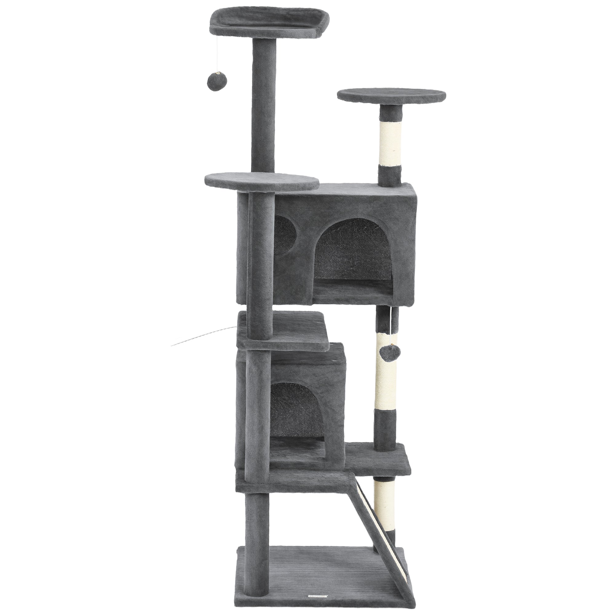 pawhut-arbre-chat-160-cm-avec-2-niches-lit-rampe-et-griffoirs-gris-fonc image 2